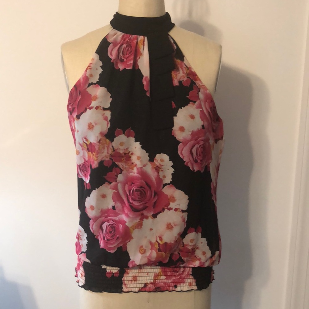 IZ Byer Black Glittery Floral Halter Top